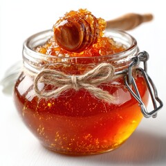 Delicious Honeycomb in Glass Jar with Wooden Dipper and Jute Bow