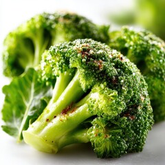 Fresh Green Broccoli Florets with Seasoning on White Background, Close-up