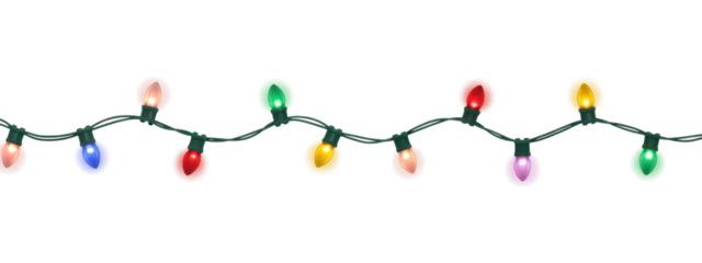 Seamless colorful christmas lights on chain pattern on transparent background 
