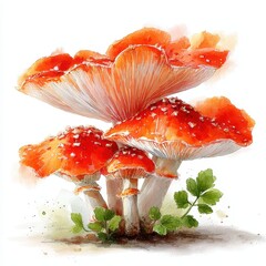 Watercolor Painting of Fly Agaric Mushrooms with Green Leaves
