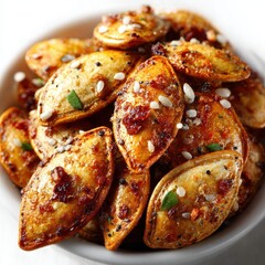 Roasted Pumpkin Seeds with Spices in a White Bowl, Close-Up