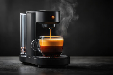 Coffee maker pouring coffee into a cup.