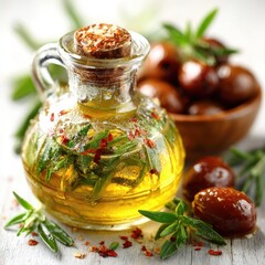 Infused Olive Oil with Rosemary and Chili Flakes, Olives in Background