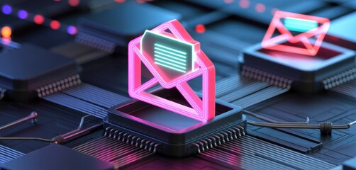 Open email icon with glowing neon lines displays digital message on tech circuit board. Concept shows online communication, information transfer, data flow. Electronic mail, newsletter marketing