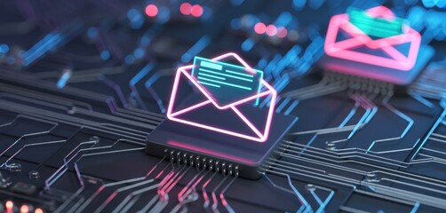 Open email icon with glowing neon lines displays digital message on tech circuit board. Concept shows online communication, information transfer, data flow. Electronic mail, newsletter marketing