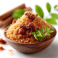 Brown Sugar with Dates and Cinnamon Sticks in Wooden Bowl Close Up