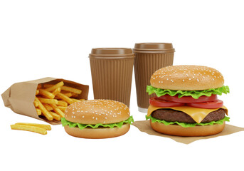 Golden crispy fries in brown bag, two burgers, two paper cups arranged on white studio background with copy space, soft lighting. Concept of fast food takeaway