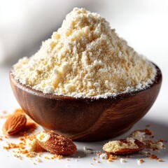 Almond Flour in Wooden Bowl with Almonds on White Background