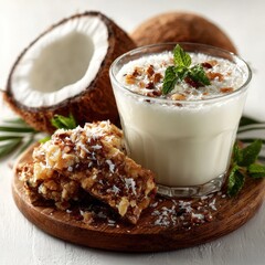 Coconut Smoothie with Granola Bars and Fresh Mint on Wooden Board