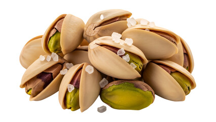 A highly detailed macro shot of a small pile of roasted and salted pistachio nuts in their shells, isolated on transparent background