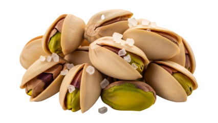 A highly detailed macro shot of a small pile of roasted and salted pistachio nuts in their shells, isolated on transparent background
