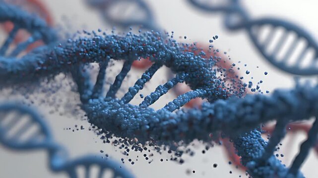 Red molecular DNA structure breaking apart in a micro-particle explosion effect