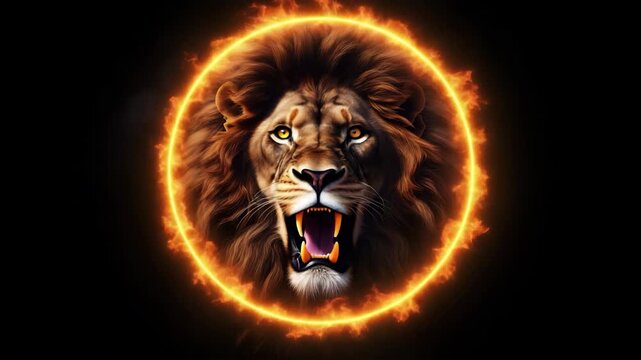Roaring lion in circle of flames 