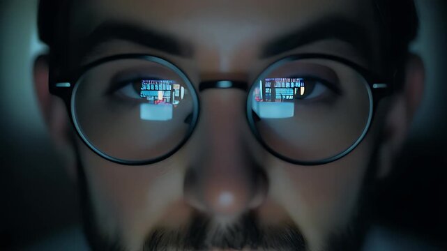 Close-up of a man observing digital screens reflected in his glasses under low ambient light