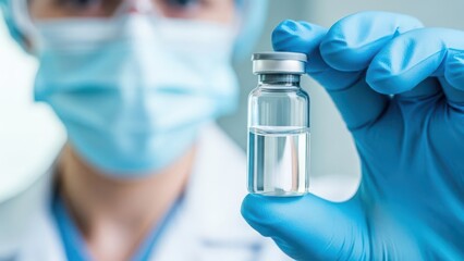 Close up of a gloved hand holding a small glass vial of clear liquid with a blurred medical professional in the background