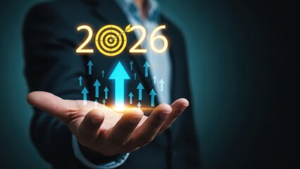 Businessman s open palm displays glowing upward arrow and target symbol with the year 2026