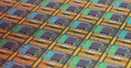 Obraz premium Silicon semiconductor wafer close-up. 