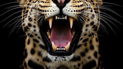 Obraz premium Fierce Leopard Roaring with Sharp Teeth on Black Background.