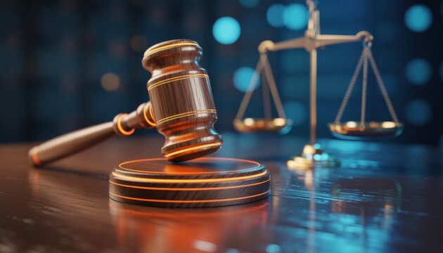 Digital gavel strikes virtual bankruptcy papers. Futuristic tech court scene features scales of justice. Concept online law digital justice, cyber enforcement system. Modern abstract illustration.