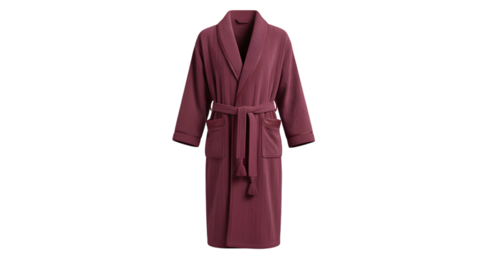 Burgundy bathrobe with a belt isolated on white background, front view