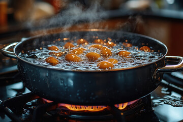 Eggs frying in a pan on the stove.