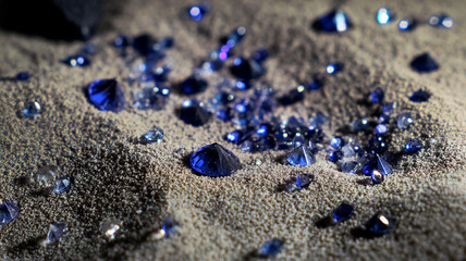 photo of dark blue crystals scattered on the sea sand, can be used as poster or banner