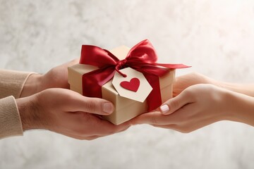 Gift exchange between two people shows love and thoughtfulness. Concept of Saint Valentine Day and 8 Mart celebration.