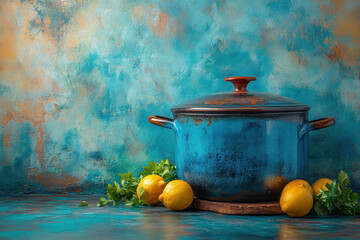 A pot with lemons and a single lemon on a table.
