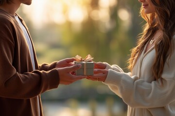 Couple exchanging a gift during sunset at a park, celebrating a special moment together. Concept of Saint Valentine Day and 8 Mart celebration.
