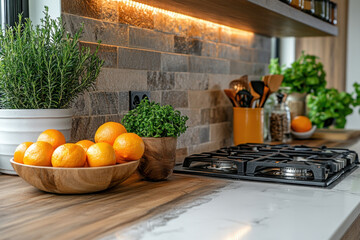Bowl of oranges on a kitchen counter.