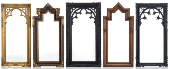Ornate gothic style picture frames isolated. Wooden frames in various colors with carvings. Design elements for art museum or vintage decor. Architecture details for a gallery.