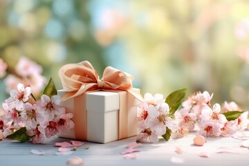 Gift wrapped in peach ribbon sits among cherry blossoms in a bright outdoor setting during springtime. Concept of Saint Valentine Day and 8 Mart celebration.