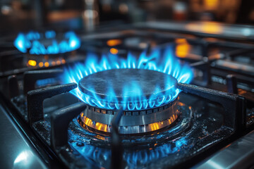 Blue flames dance on a gas stove.