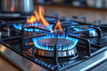 Blue flames flicker on a gas stove.