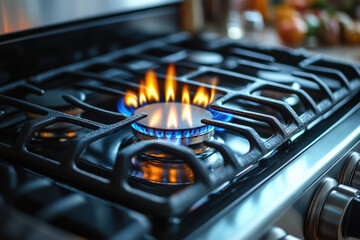 Blue flames dance on a gas stove.