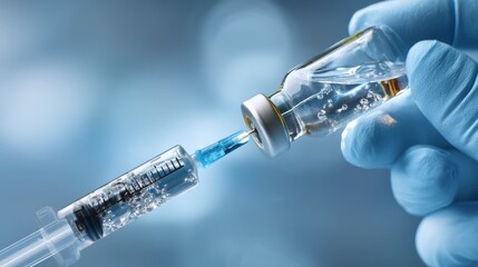 Syringe drawing vaccine from vial in a laboratory setting for medical research