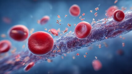 Detailed view of red blood cells and antibodies in circulation with a blurred background