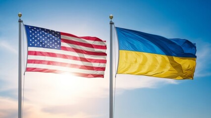 United States and Ukraine flags wave together in solidarity against a clear blue sky