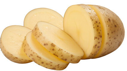 Single sliced potato, revealing raw texture and moisture, isolated on transparent background