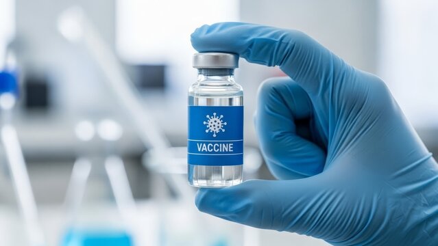 Hand holds covid-19 vaccine vial in clinical setting during vaccination preparation in healthcare facility