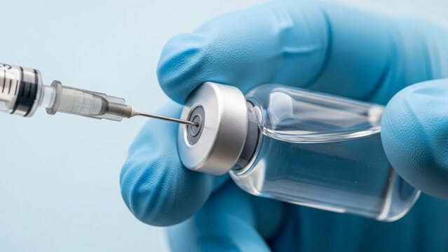 Close-up view of a gloved hand injecting a vaccine into a vial during a healthcare procedure