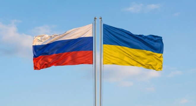 Russian and Ukrainian flags wave against a clear blue sky reflecting ongoing geopolitical tensions