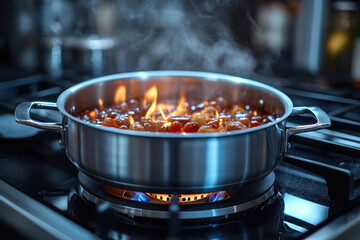Steaming pot of food on stove.