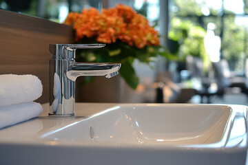White towel and flower on bathroom sink.