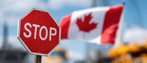 Red stop sign with the word STOP and a Canadian flag in the background symbolizes border security against a blue sky