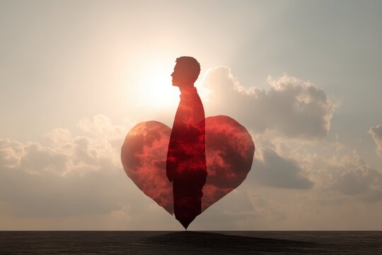 Surreal Love Concept: Man Silhouette Merged with Heart in Sunlit Sky - Powered by Adobe
