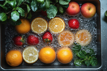 Tray of fruit and water on table.