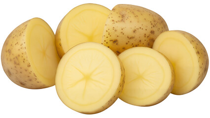 Fresh raw potato pieces and perfectly sliced potato segments, showcasing visible texture and natural moisture, with a realistic raw surface, isolated on transparent background