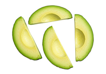 Multiple fresh, ripe green avocado slices, expertly peeled, fanned-out, revealing creamy light green flesh on a transparent background. Concept of healthy eating