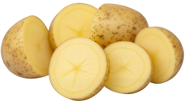 Fresh raw potato pieces and perfectly sliced potato segments, showcasing visible texture and natural moisture, with a realistic raw surface, isolated on transparent background